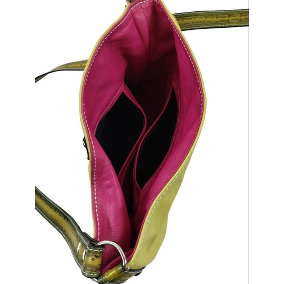 Leather Purse with Studded Religious Cross Crossbody Bag Chartreuse Yellow - Picture 11 of 13